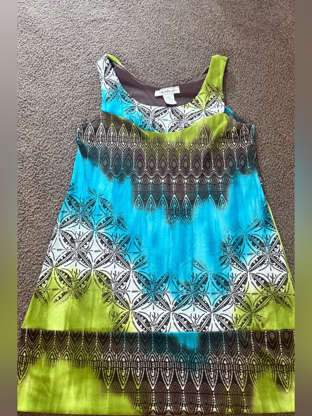 Sleeveless Patterned Tank Dress in Turquoise & Lime